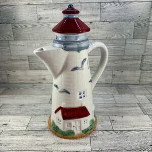 Flowers Inc Balloons Lighthouse Pitcher Ceramic Hand Painted Nautical Decor 13